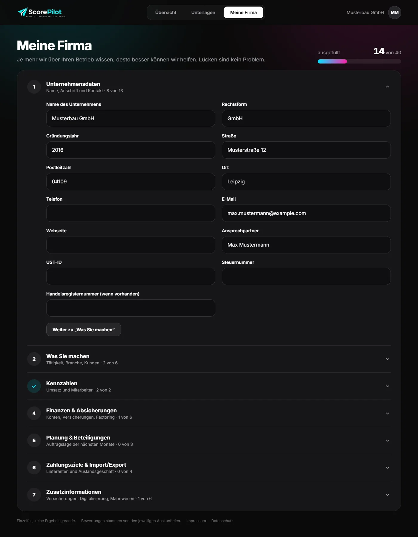 ScorePilot-Kundenportal: Meine Firma (Beispieldaten)