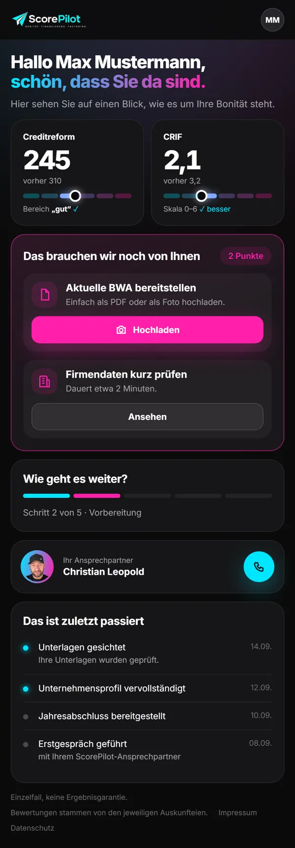 ScorePilot-Kundenportal auf dem Handy (Beispieldaten)