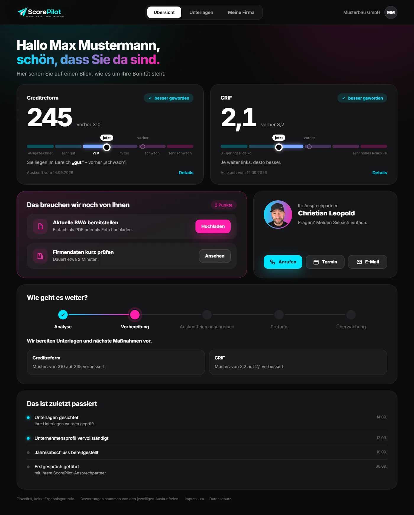 ScorePilot-Kundenportal: Übersicht mit Creditreform- und CRIF-Wert (Beispieldaten)