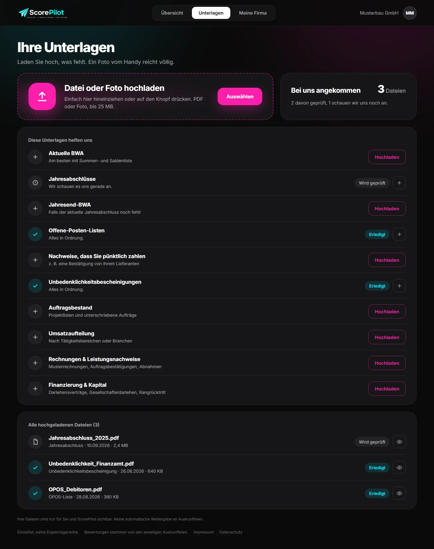ScorePilot-Kundenportal: Unterlagen hochladen (Beispieldaten)